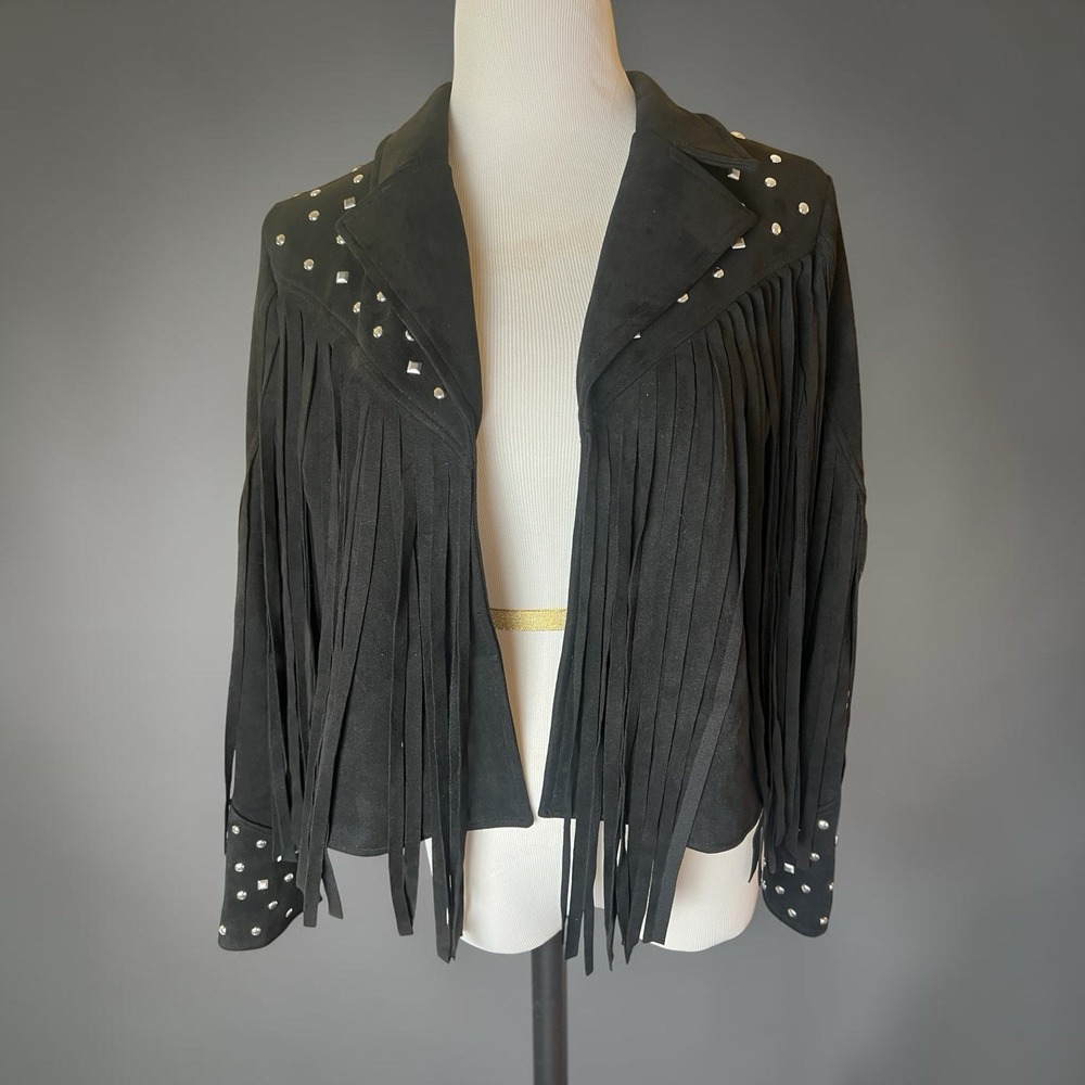 Blue B Collection Black Faux Suede Fringe‎ Western Jacket Studded NWOT Size L
